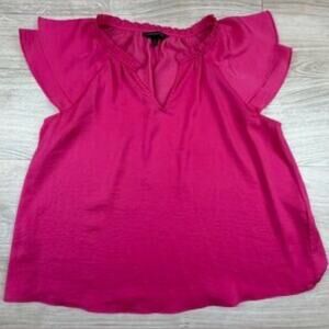 UEC BANANA REPUBLIC SATIN BRIGHT HOT  Pink Flutter Sleeve Top DEEP V NECK SZ LP